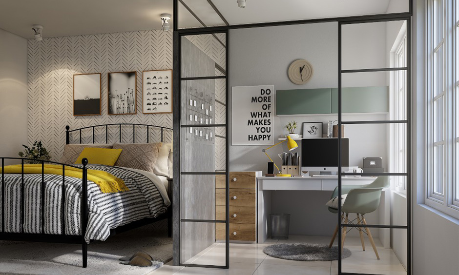 Glass wall bedroom partition wall for bedroom and home office where you get your work done with ease