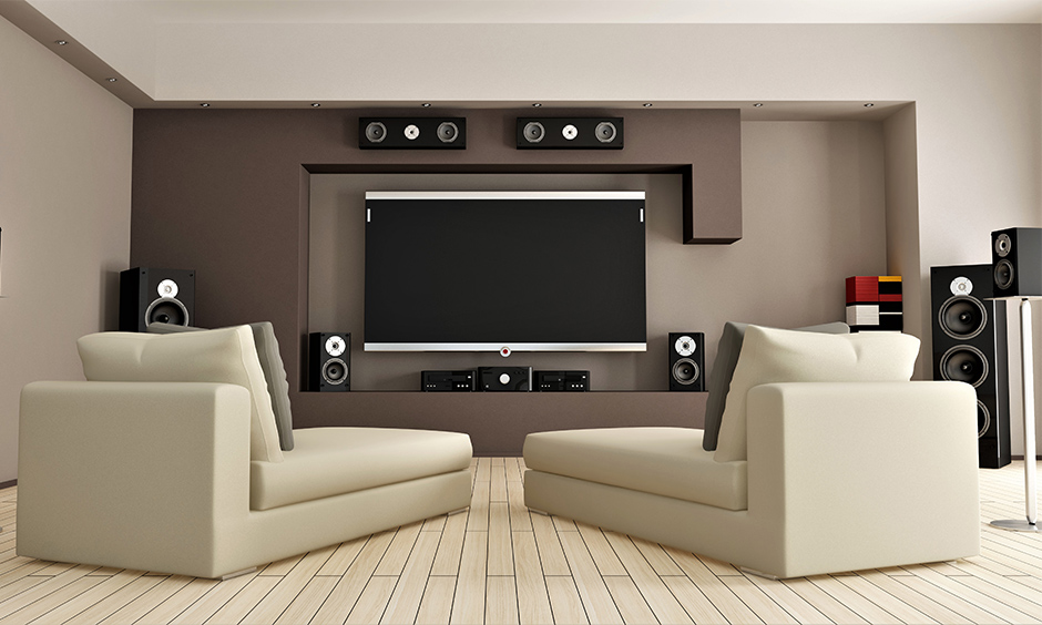 Music room design for home with a small storage unit on the side 