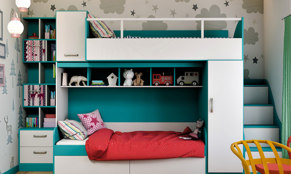 Bunk bed with built-in kids storage organizer shelves to maintain a clutter-free look