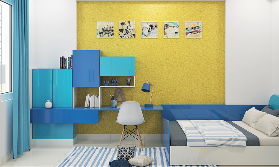 Light blue and yellow kitchen decor with a study unit with bright yellow accent wall design