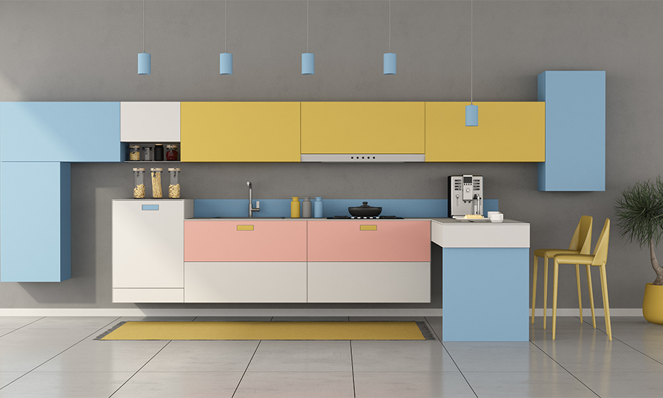 Light blue and yellow kitchen decor idea that has a modular cabinetry system that utilises the colours