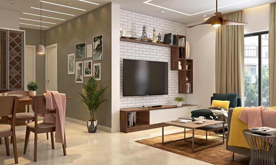 Living room interior where the tv unit is inherently contemporary with a floating unit with open shelves