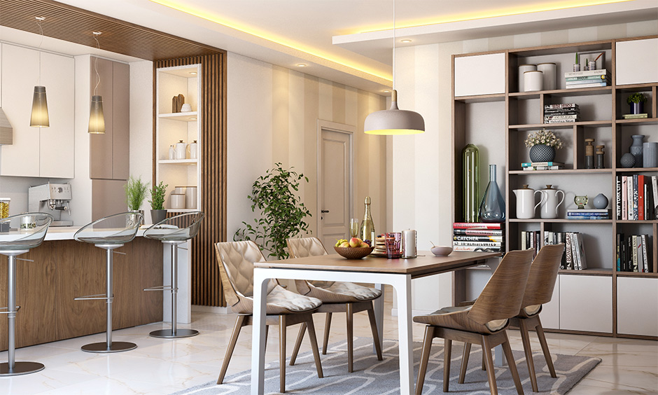 Modern dining room pendant lighting in dome-shaped acorn adds an upscale look to the room