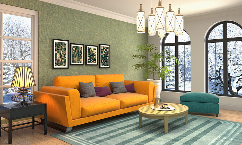The yellow loveseat in the living room steals the look with its vibrant golden colour