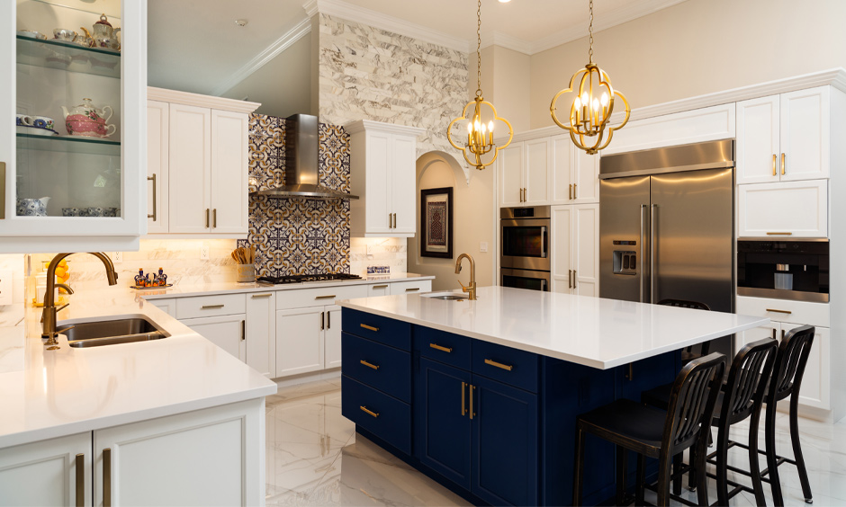 Modern kitchen island with seating and cabinet in bold hue that is striking