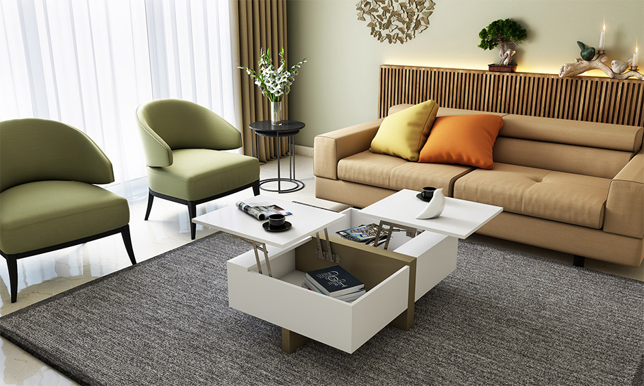 Modern living room decor with a multi-functional lift-top coffee table