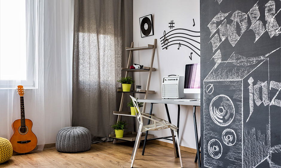 Music room wall design where extra shelving can be incorporated in this room