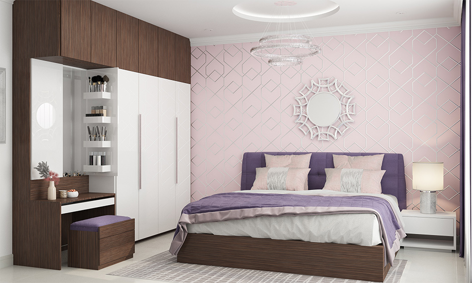 Pink colour combination for bedroom walls with a pattern print in silver