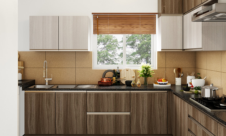 L-shaped kitchen with pull down kitchen faucet is perfect for a double bowl sink