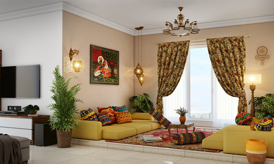 Living room in traditional Indian decorated with low height seating makes ideal space to unwind with friends and family