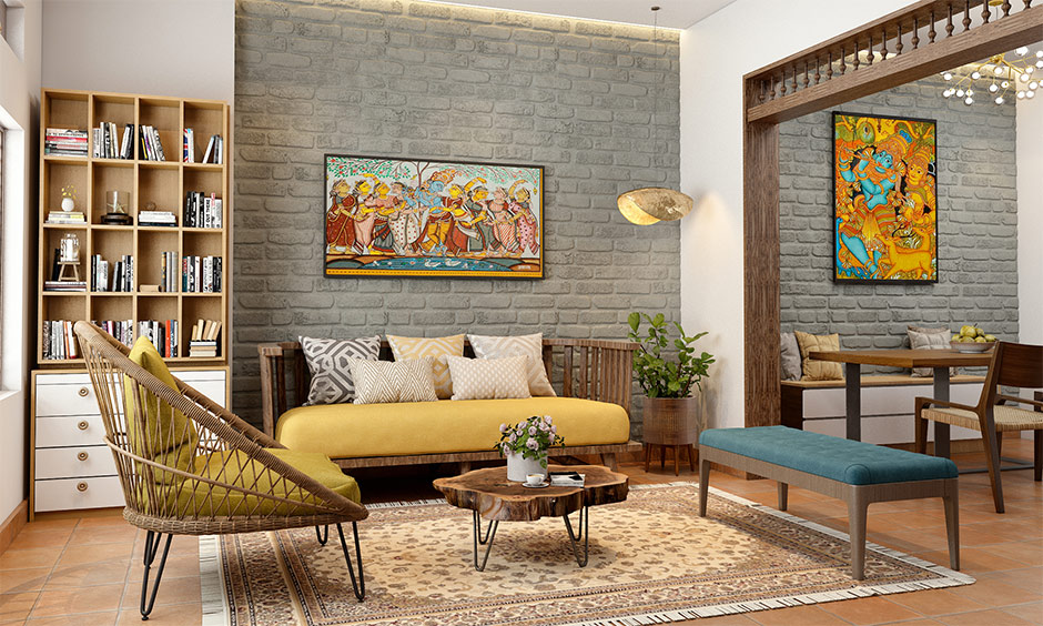 Traditional Indian Home Decor, Living room has folk arts on the wall that lends Indian culture touch