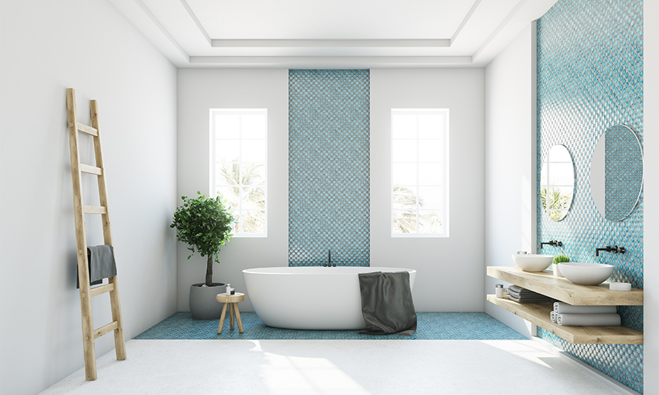 A minimalist blue bathroom tiles design with aqua blue tilework