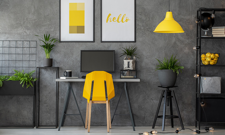 Add a pop of brightness to an industrial home office design