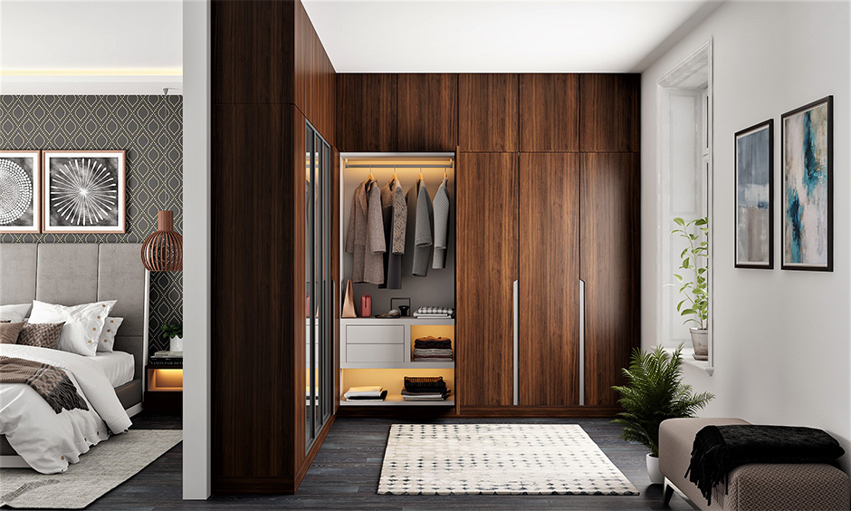 Angular wooden wardrobe is a different type of wardrobe, and it comes with ample storage space with multiple compartments