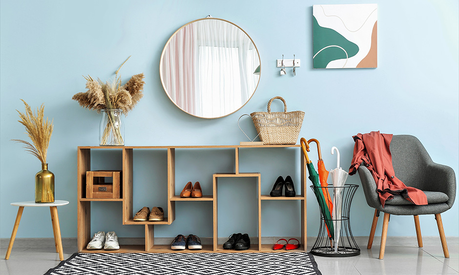 Asymmetric modern wooden shoe rack design which can be easily relocated to another room 