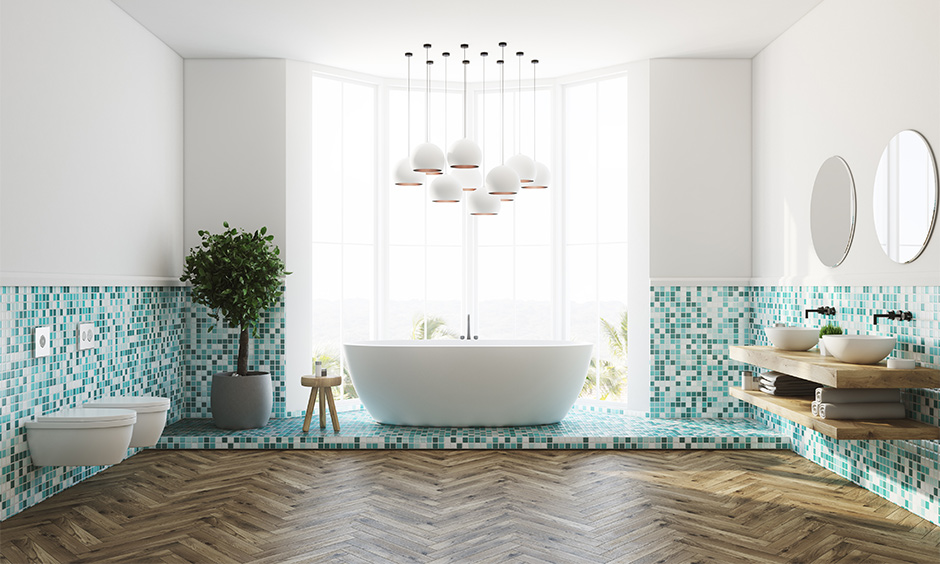 Blue pictures for bathroom with classic mosaic tile design