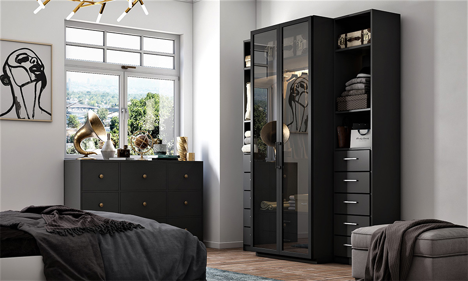 A customized two-door wardrobe is a type of wardrobe that features a freestanding closet with clear glass doors