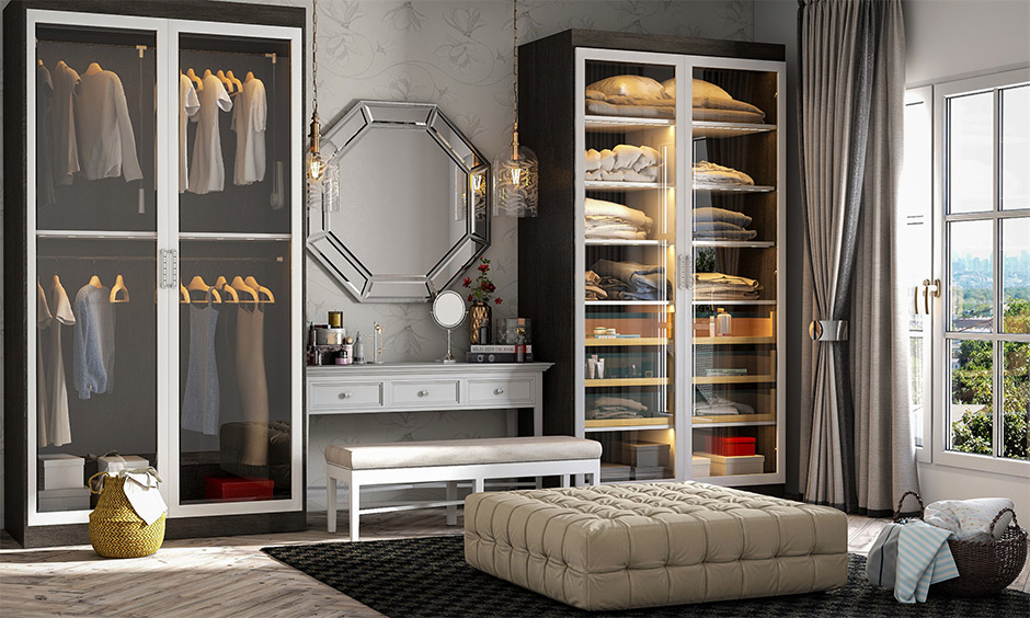 Freestanding wardrobe is a type of wardrobe furniture with two separate glass door wardrobes for his and hers