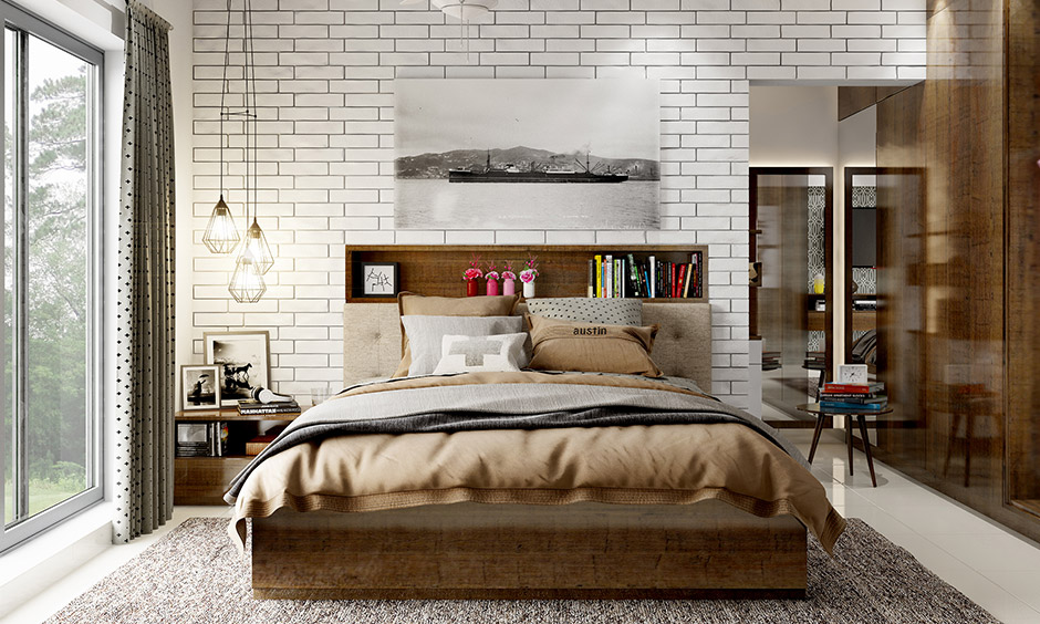 Industrial bedroom design with brick wallpaper and a wooden bed