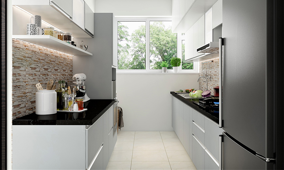 Modern Scandinavian kitchen in parallel shape with cabinets in white and light grey make it look highly sophisticated