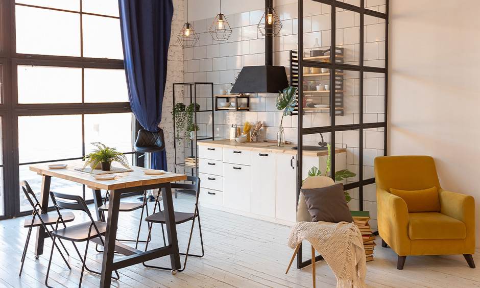 Rustic Scandinavian style kitchen cum dining space with floating open shelves is ideal for studio apartments