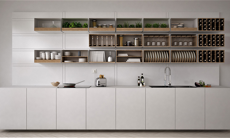 Straight Scandinavian kitchen style with multiple open shelves and handleless cabinet design is perfect for tiny homes