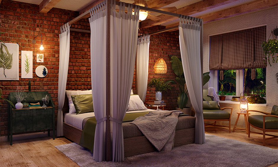 Vintage bedroom design style comes with a canopy bed and exposed brick wall that accent the rustic appeal