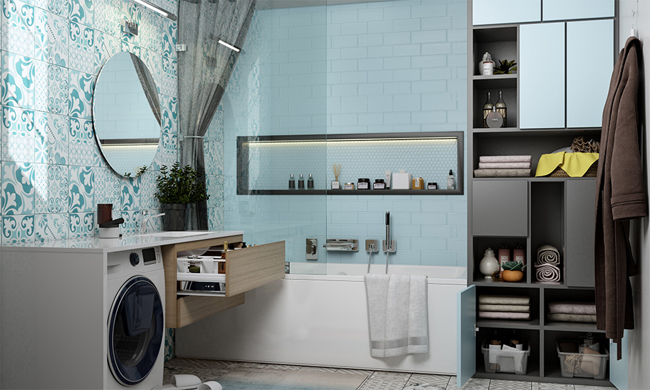 White is the perfect match for a soothing blue bathroom tiles design