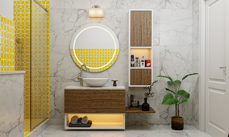 Bathroom storage cabinets wall mount India designed in wooden laminate with an open shelf to display knick-knack