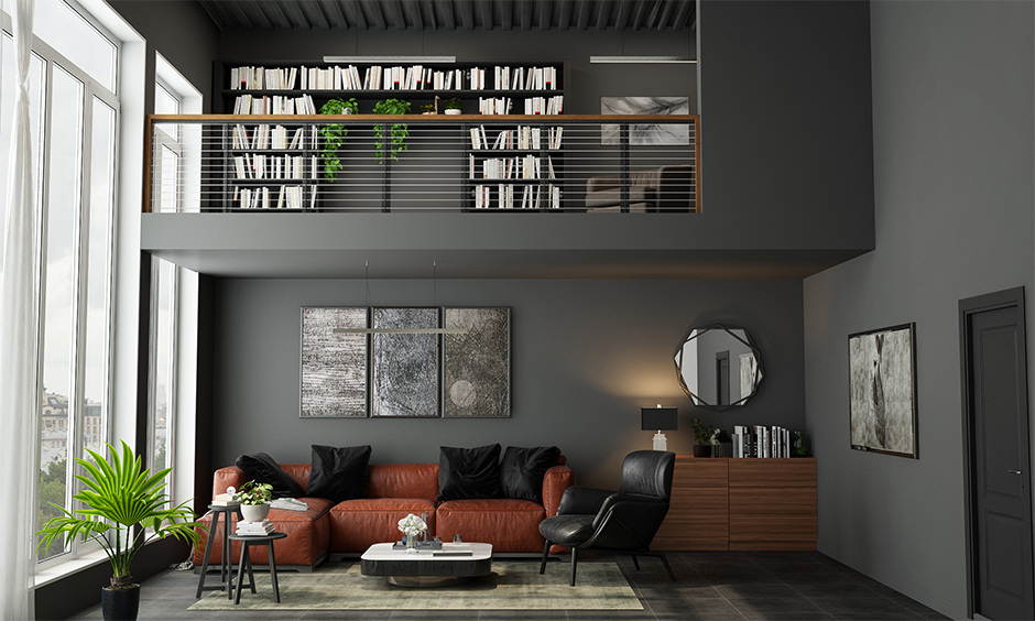 Loft style living room in black, brown and bold with horizontal light fixtures gives the space a sleek and futuristic look