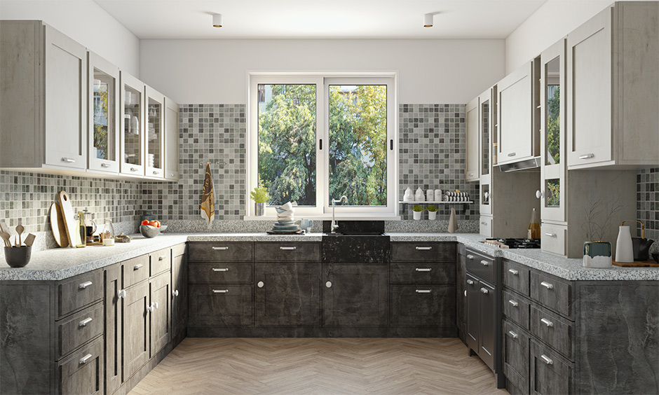 A modern u-shaped kitchen with a mosaic-tiled backsplash matching colour scheme is the best modern u-shaped kitchen idea