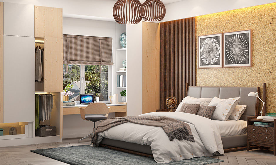 Contemporary bedroom design with desk and natural cork wallpaper is sustainable and adds a texture