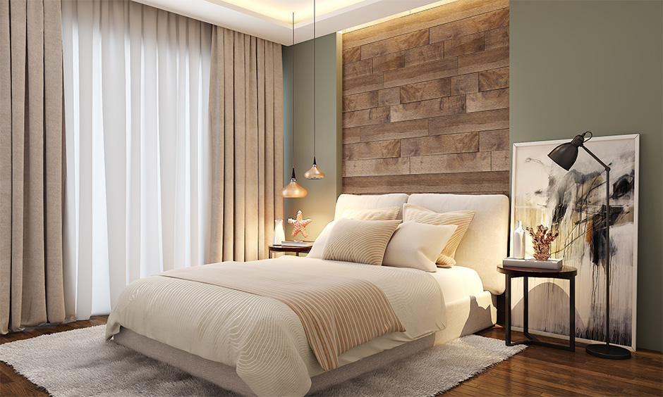 Contemporary bedroom interior design with pastel hues and wooden accent lends warmth to the space