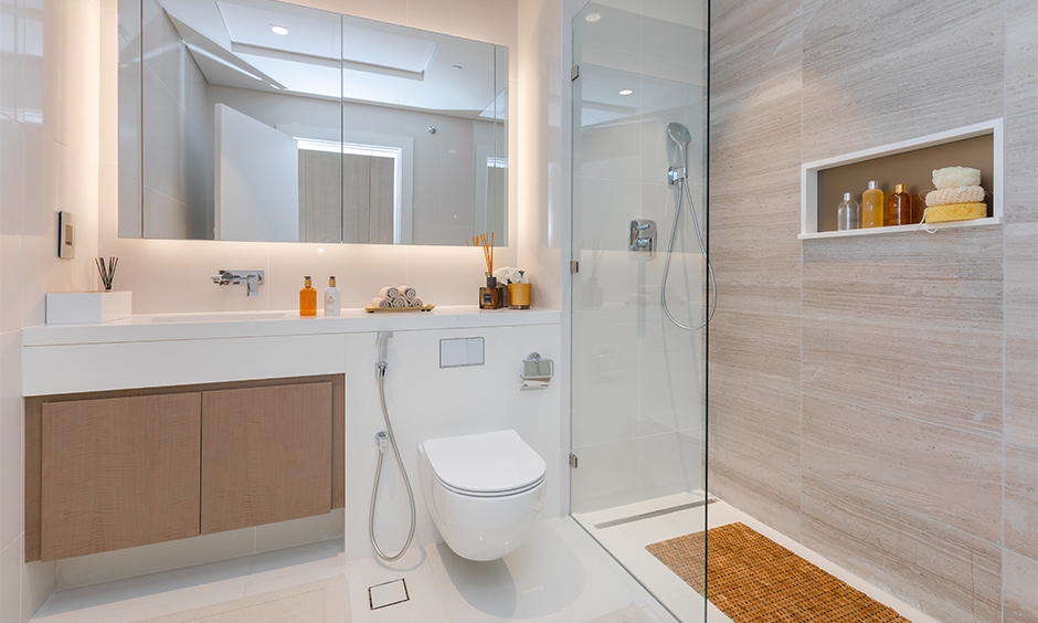 Modern bathroom design hack for small spaces with glass partition