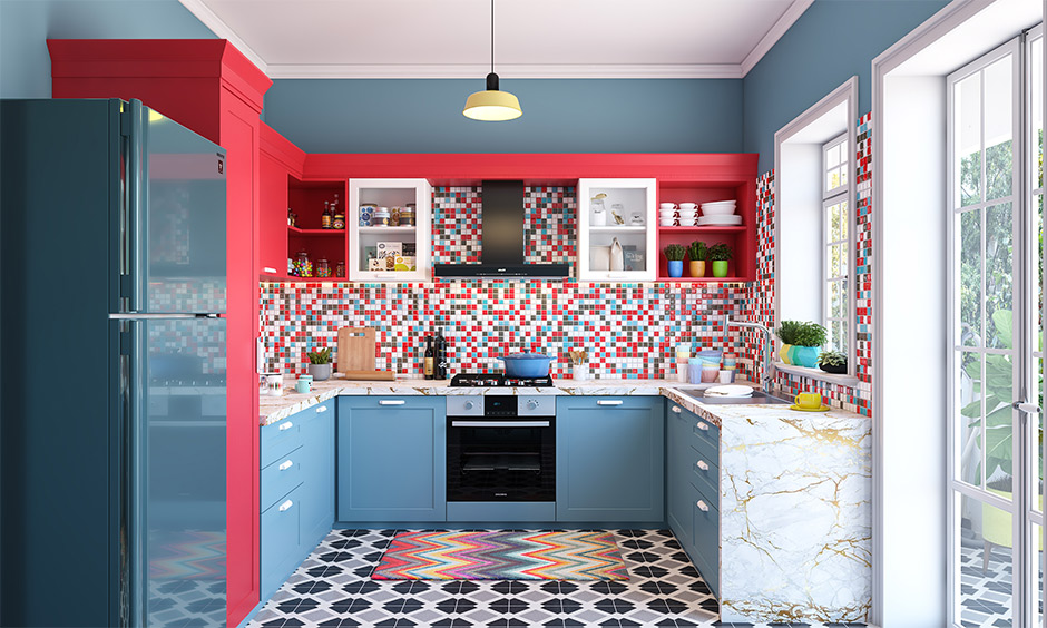 Modern small u shaped kitchen designs with multi-coloured tiled backsplash bring a fresh vibe