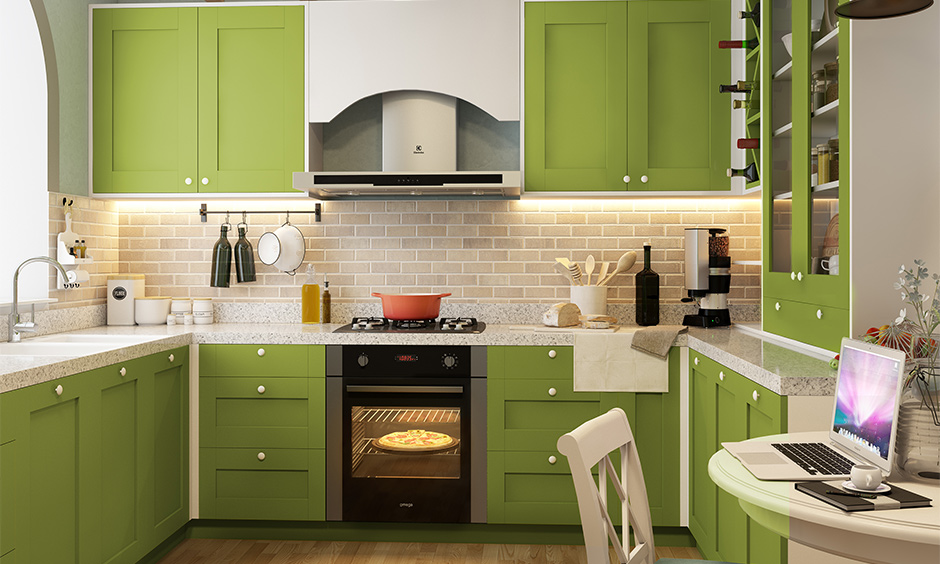 Modern u-shaped kitchen design in green and white with quartz countertop brings a funky vibe