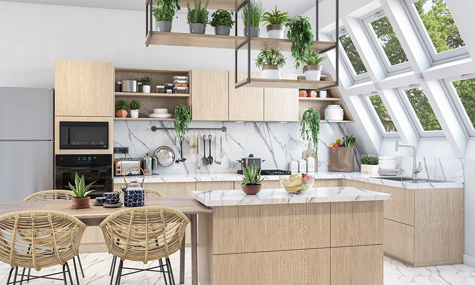 Modular kitchen loft design with big windows and indoor plants means lots of natural light and fresh air