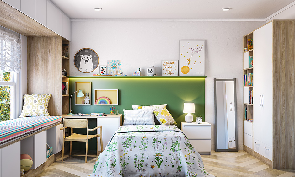 Multiple storage bench bedroom furniture adds a playful vibe to the kid's room