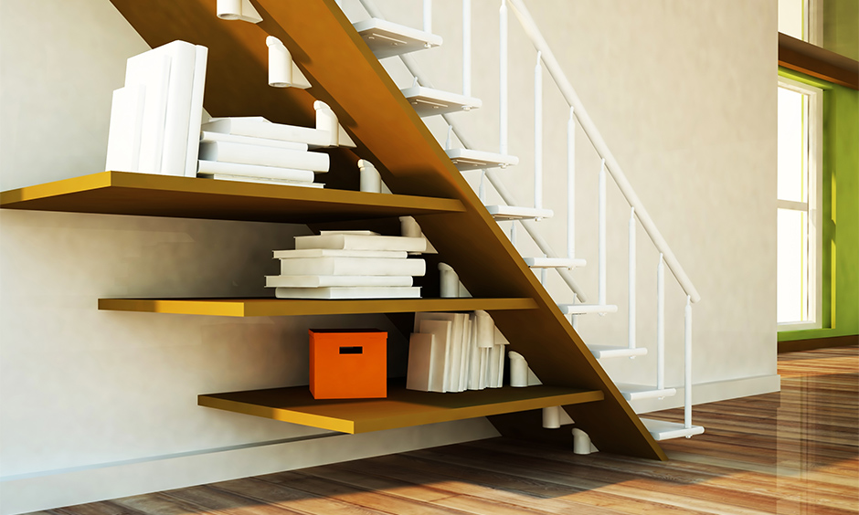 Open floating bookshelf under stairs is one of the easiest and simplest designs for a perfect reading spot