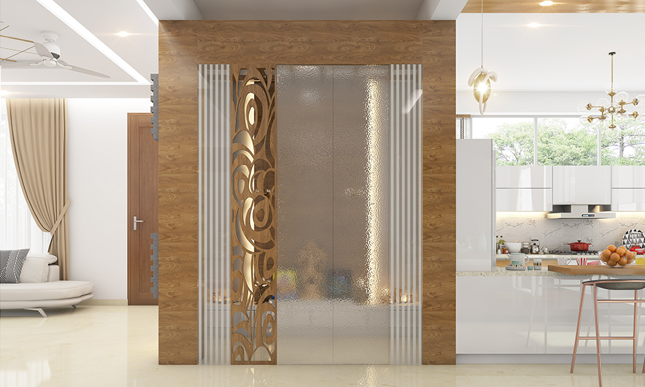 Pooja room plywood door designs in living room with frosted glass