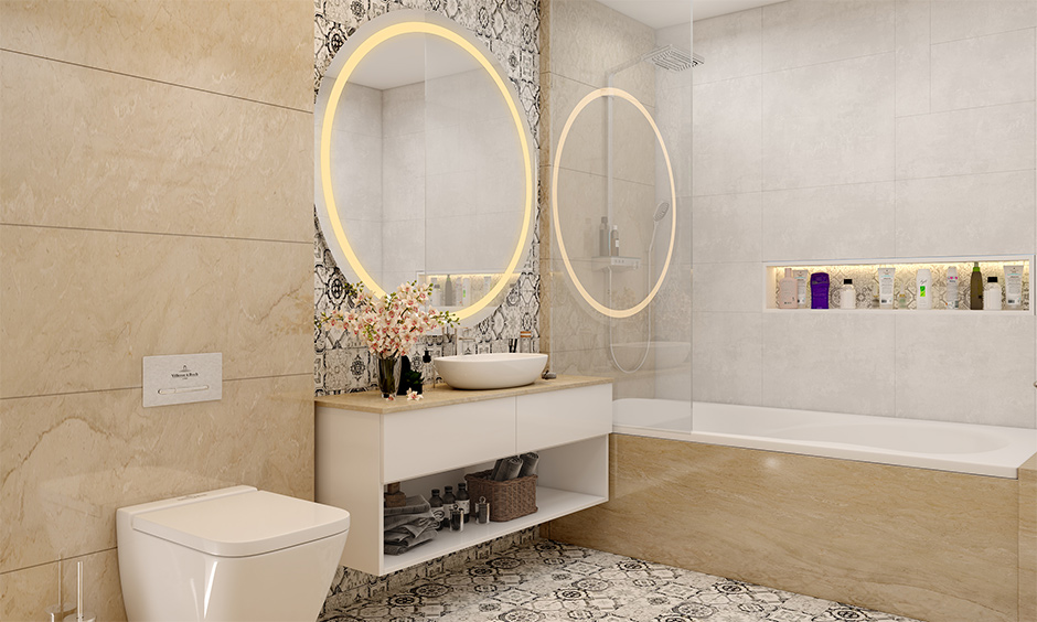 Simple bathroom design hack for small space with a large mirror and glossy tiles