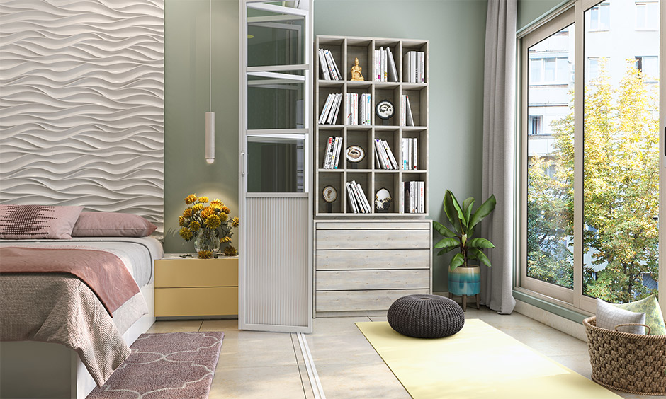 Recreated small yoga room design in the bedroom that can comfortably accommodate a yoga mat and allow free movement