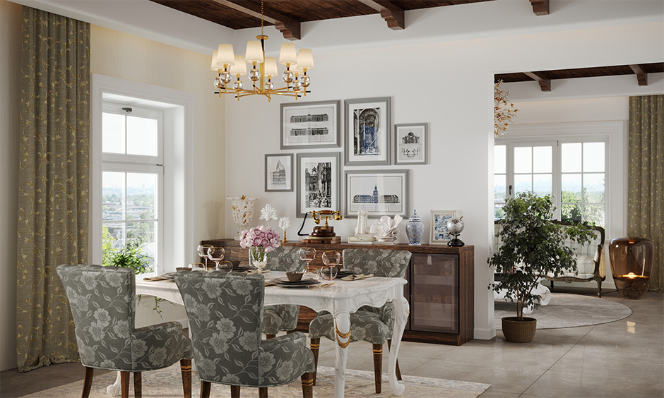 Victorian-era dining room with white and gold victorian dining table is ideal for homes with a royal interior theme