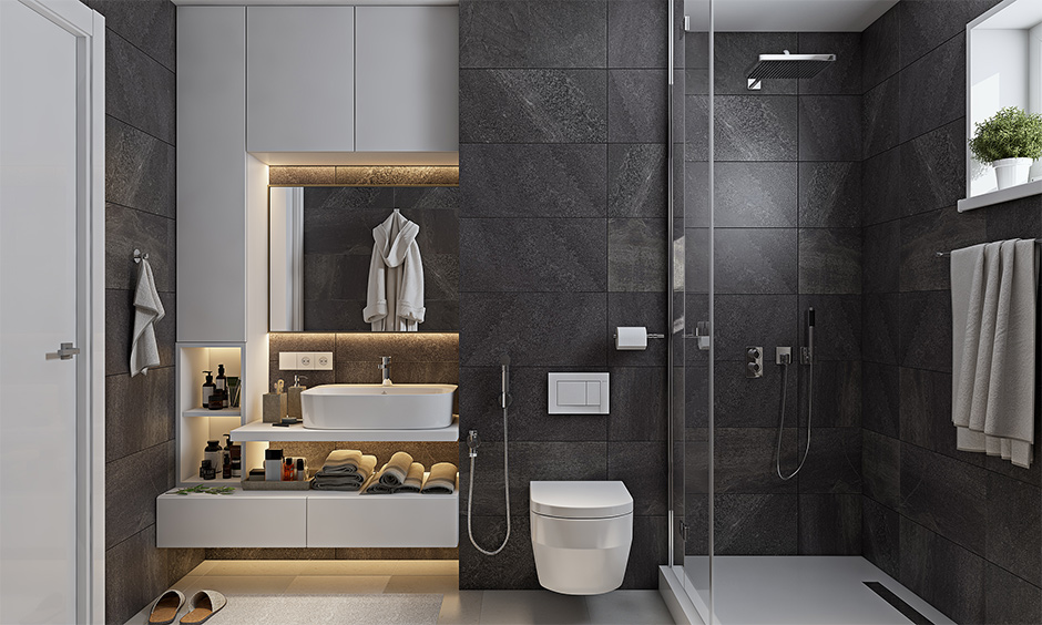 White wall-mounted bathroom cabinet in minimal design with mirror with backlight illuminates the space