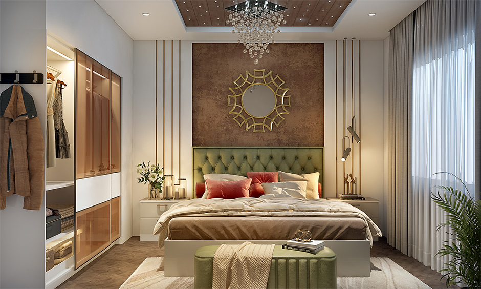 Winter bedroom decor with wooden panelling and pendant lights to create a luxurious vibe