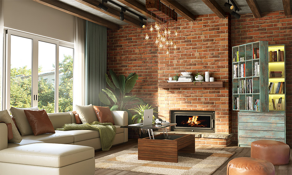 Winter living room decor with a small fireplace