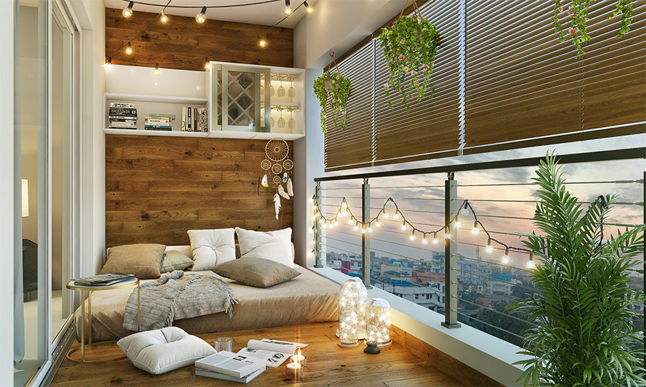 Cozy winter home decor for balcony with futon, coffee table, and a wall-mounted wine rack