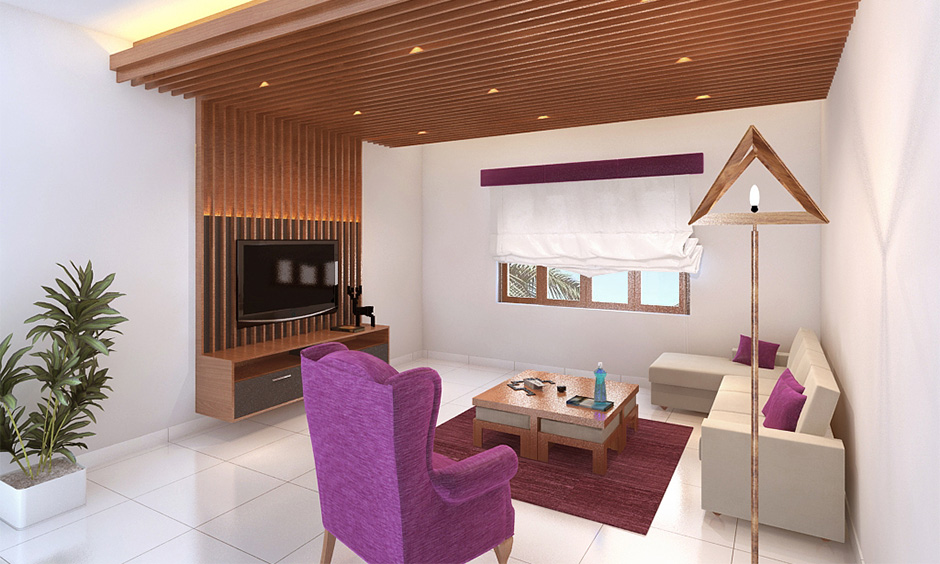 Wooden modern false ceiling design for living room with panelling is ideal for modern Indian living room