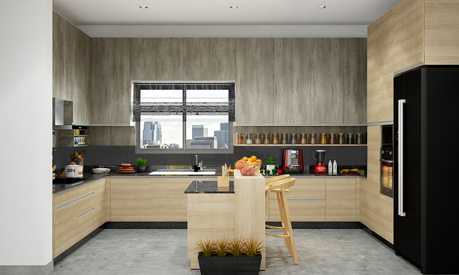 A granite cum wooden modern kitchen island designs with an attached breakfast counter