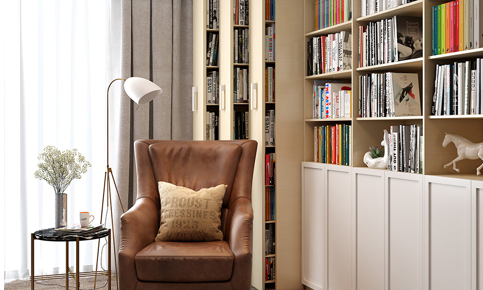 A modern wooden books almirah designs with sheer and dark curtains in your reading room